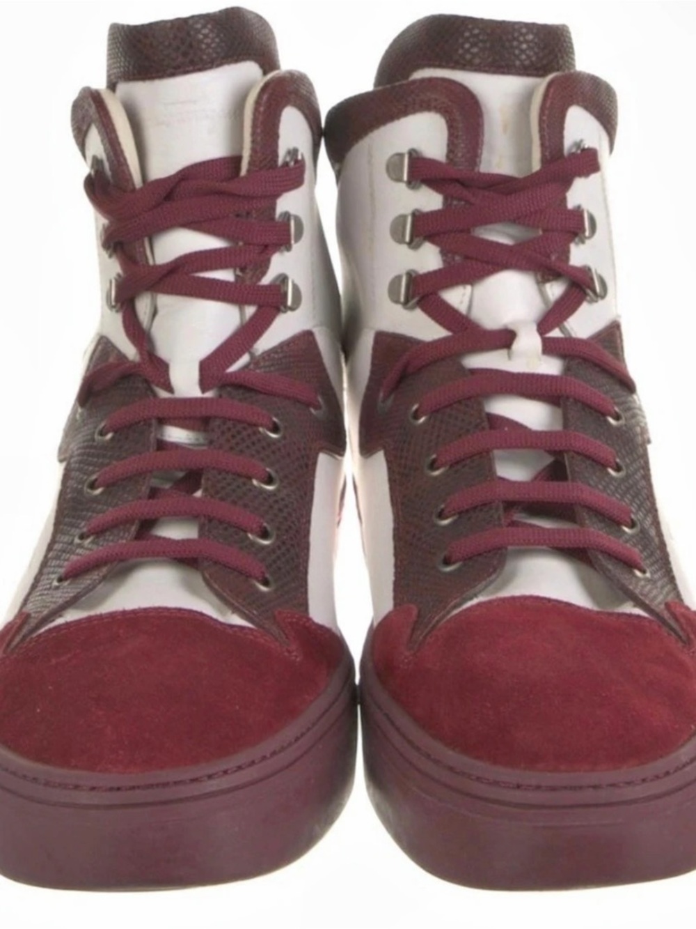 Salvatore Ferragamo High-Top Sneakers in White & Burgundy
